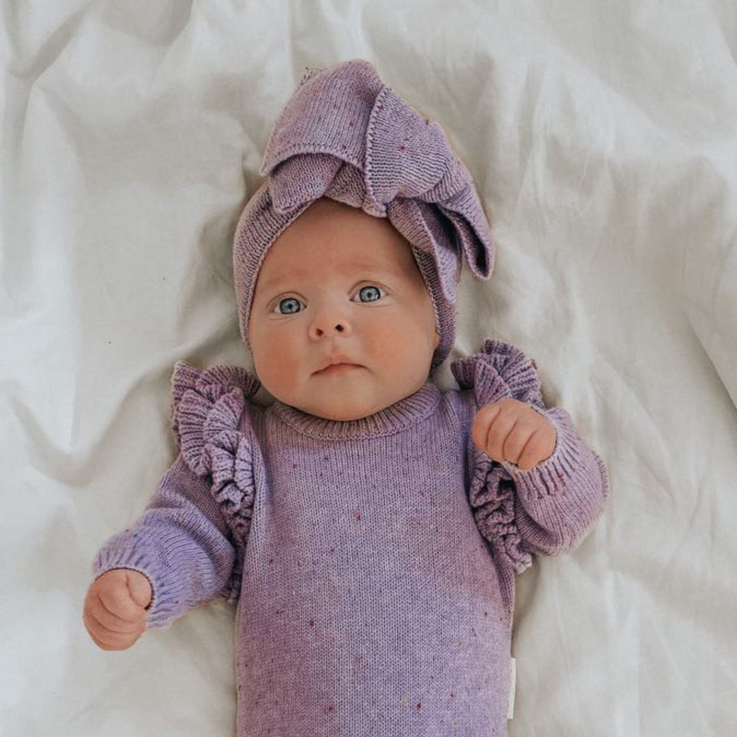 romper speckle romper knitted romper purple romper newborn announcementoutfit photographer girloutfit girlclothes lilla hjartat lhbabybundles topknot knitted topknot oversized topkno